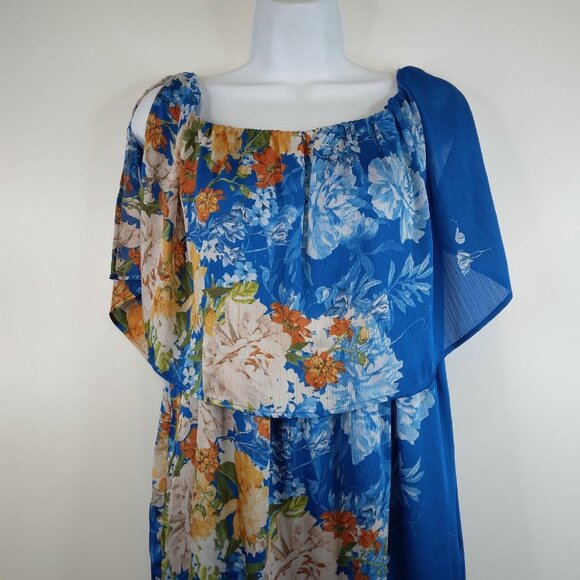 ZARA Cold shoulder Floral Blue Maxi Dress Lined Size L - Picture 2 of 14